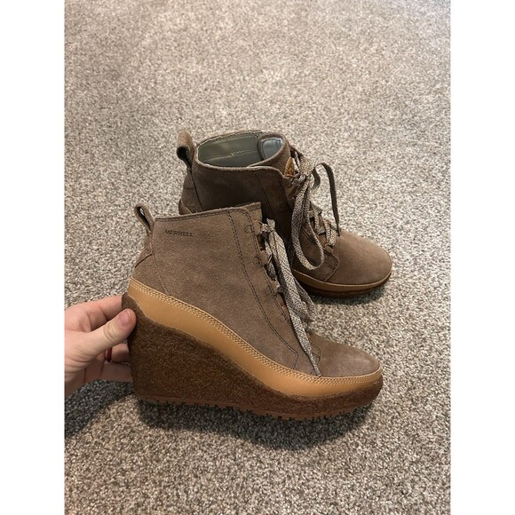 Merrell Tremblant Womens 7.5 Brown Leather Lace Up Wedge minimalist Ankle Boots - Picture 1 of 9